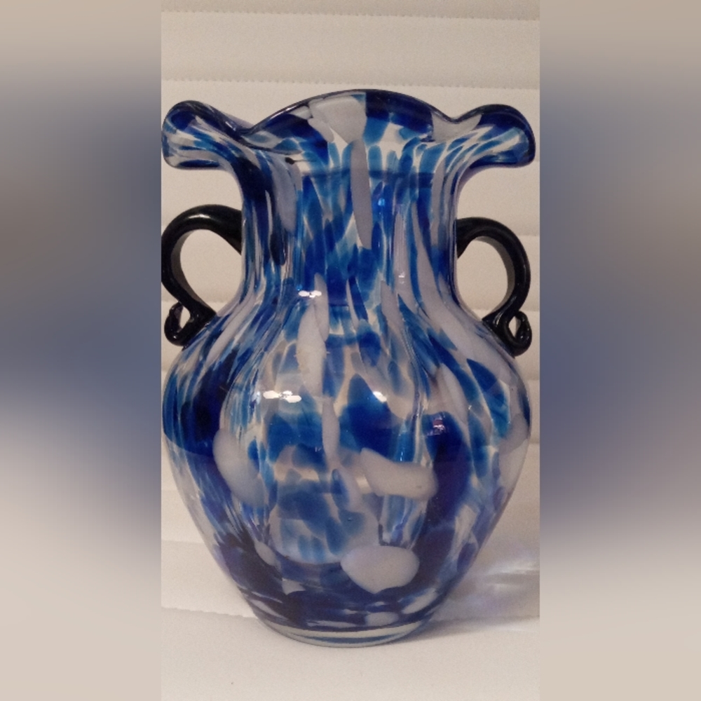Vintage Blue White Swirl Cobalt Handled Vase with Scalloped Edge